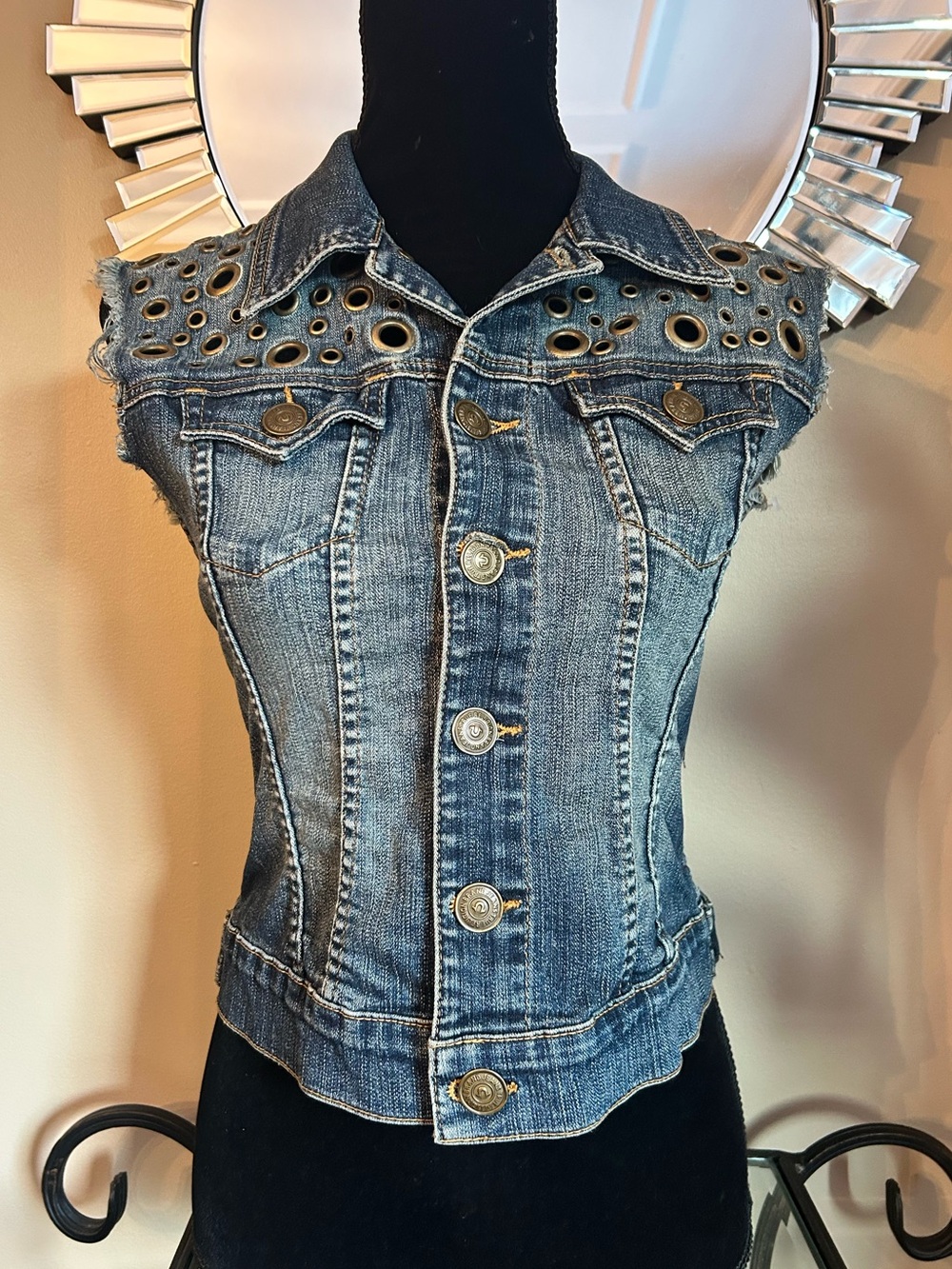 True Religion Y2K Studded Distressed Denim Vest